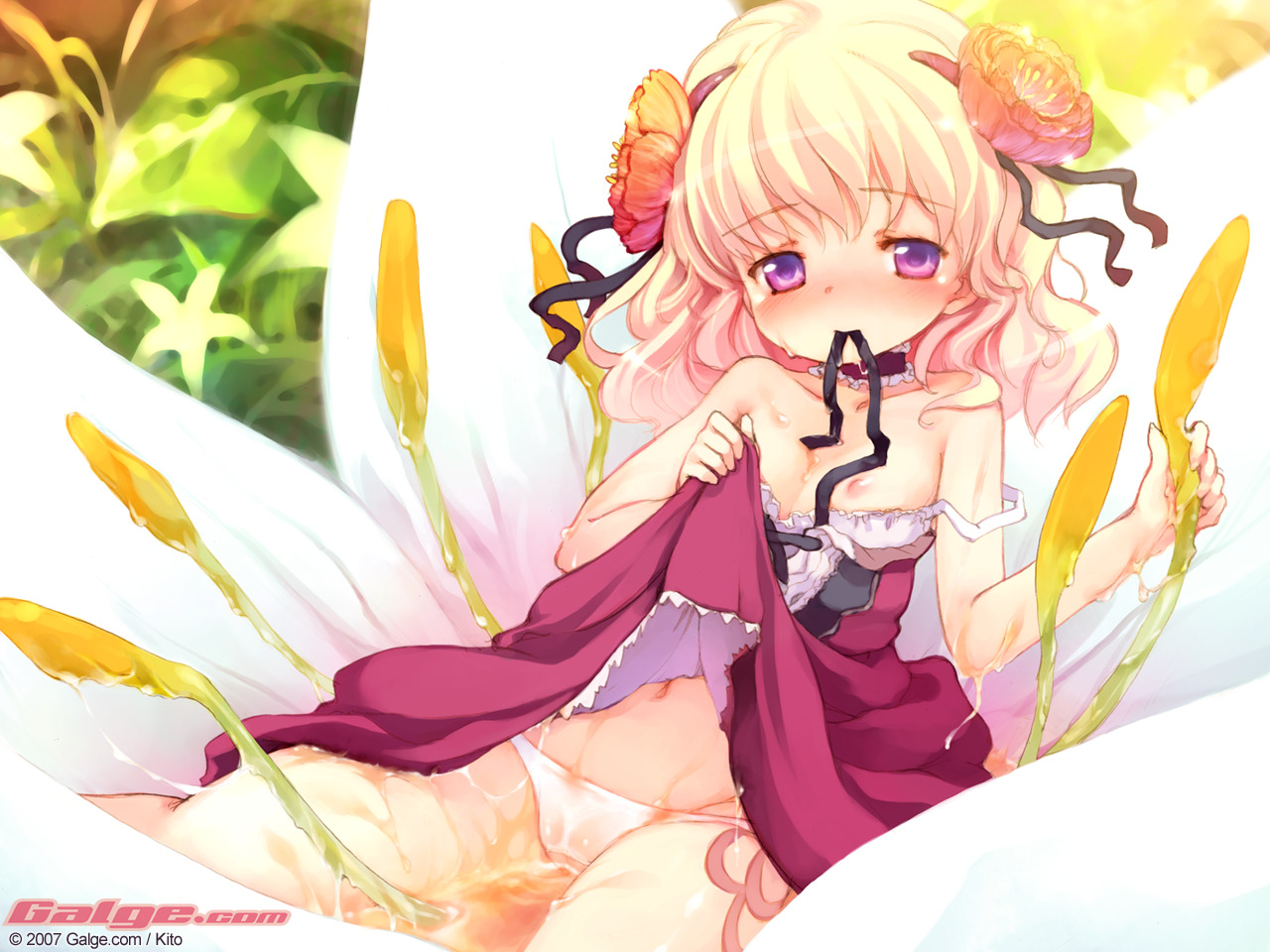 kito (sorahate), blush, breasts, clothes lift, flower, open clothes, open shirt, panties, shirt, short hair, skirt, skirt lift, underwear