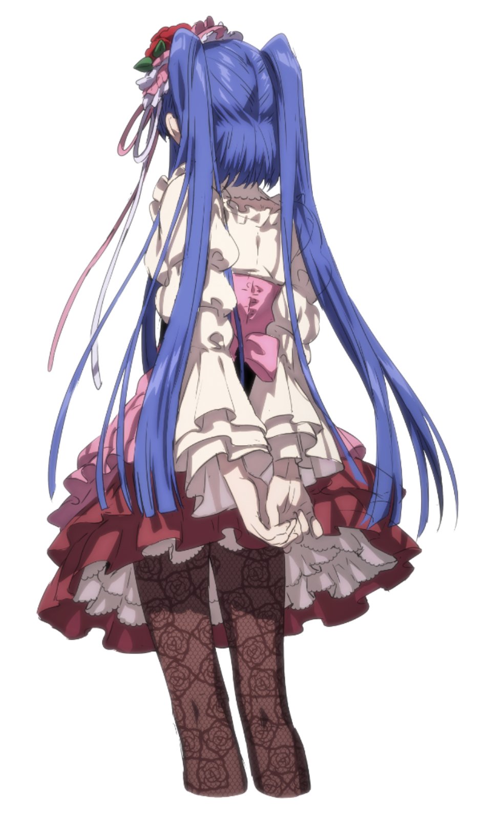 ganno, furudo erika, umineko no naku koro ni, highres, 1girl, arms behind back, black pantyhose, blue hair, cropped legs, floral print, frilled skirt, frilled sleeves, frills, from behind, juliet sleeves, long hair, long sleeves, pantyhose, pink skirt, print pantyhose, puffy sleeves, red skirt, rose print, shirt, simple background, skirt, solo, twintails, underbust, very long hair, white background, white shirt