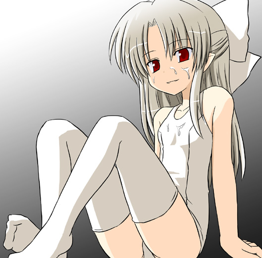 len (tsukihime), white len (tsukihime), melty blood, tsukihime, type-moon, artist request, 00s, 1girl, albino, bow, cum, elf, female focus, flat chest, half updo, loli, long hair, one-piece swimsuit, pointy ears, red eyes, school swimsuit, solo, swimsuit, thighhighs, white hair, white one-piece swimsuit, white school swimsuit
