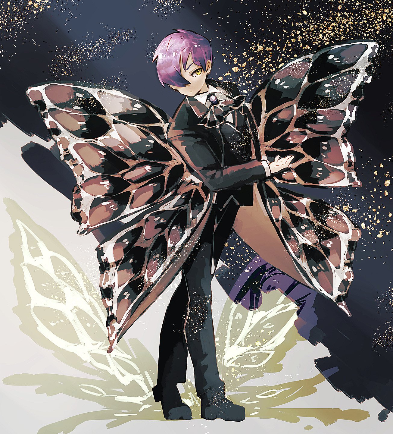 nakame77, yesod (project moon), library of ruina, project moon, highres, 1boy, ascot, black ascot, black background, black coat, black pants, black shoes, black vest, butterfly wings, closed mouth, coat, collared shirt, e.g.o (project moon), full body, gloves, insect wings, long sleeves, looking at viewer, male focus, pants, purple brooch, purple hair, shirt, shoes, short hair, simple background, solemn lament (e.g.o), solo, sparkle, standing, vest, white gloves, white shirt, wings, yellow eyes