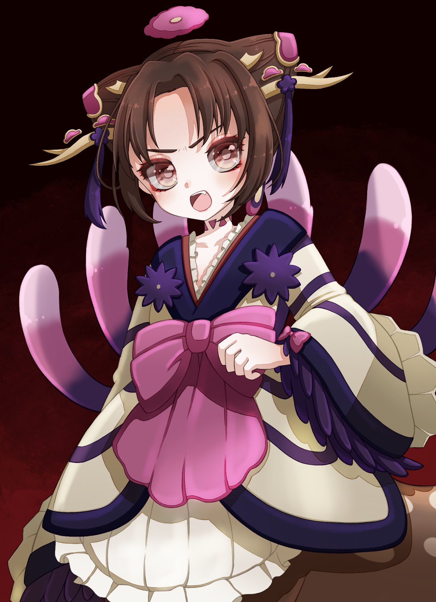 qoo 1025, clantail, mahou shoujo ikusei keikaku, mahou shoujo ikusei keikaku restart, highres, 1girl, bow, bowtie, brown hair, deer girl, dress, flower, frilled dress, frills, hair flower, hair ornament, horns, japanese clothes, lolita fashion, magical girl, open mouth, pink bow, pink bowtie, red eyes, wa lolita