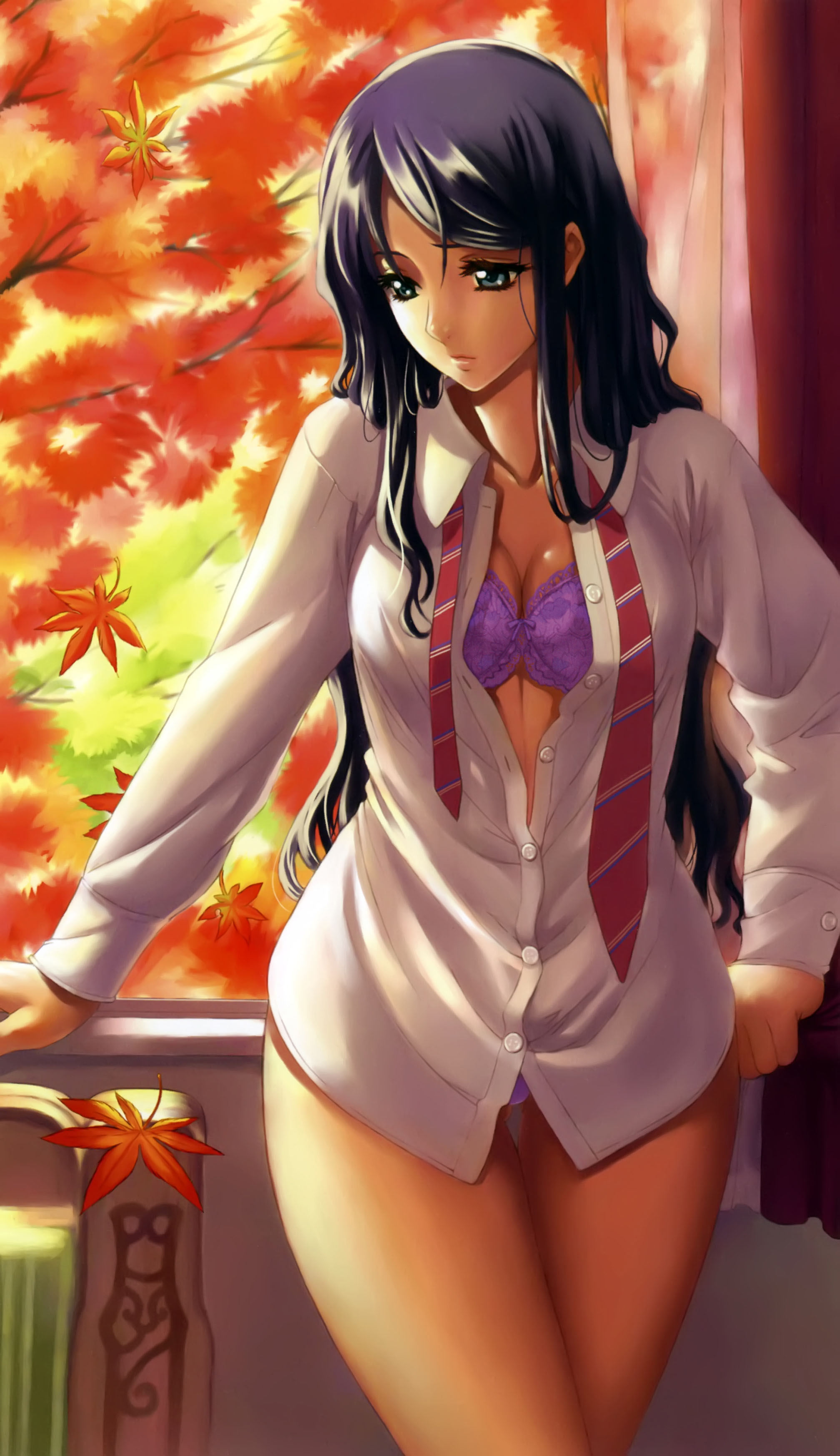 absurdres, highres, blush, bra, breasts, lingerie, long hair, necktie, open clothes, open shirt, panties, shirt, underwear
