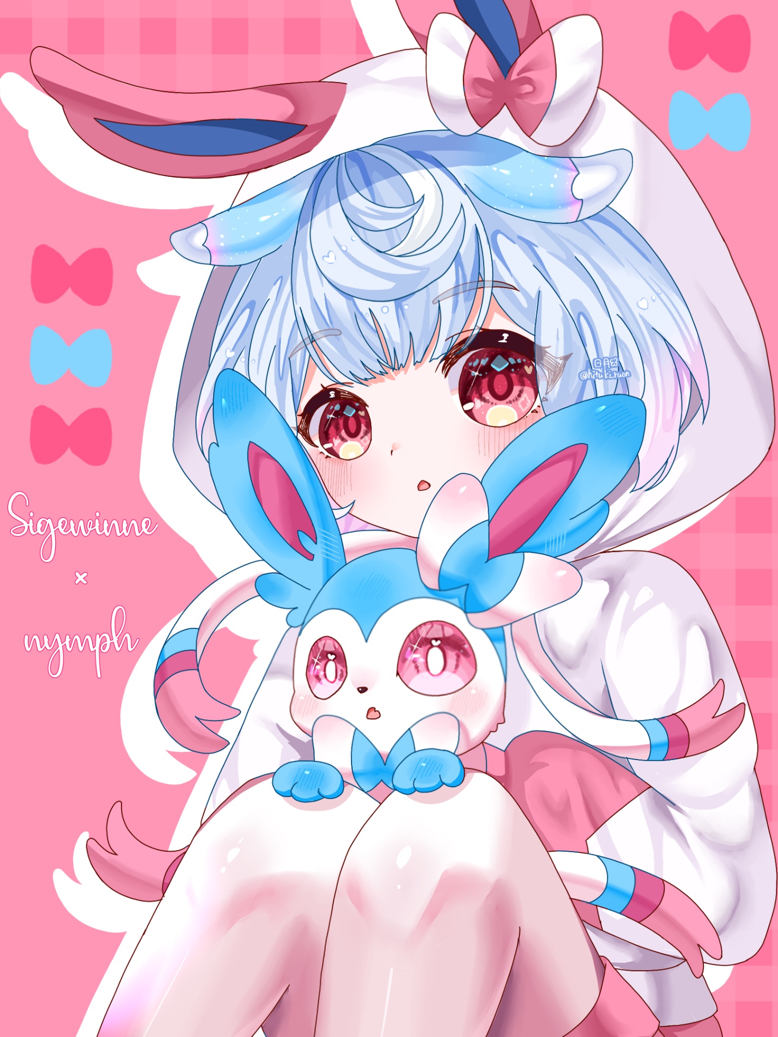 hitsuki (ruon), melusine (genshin impact), sigewinne (genshin impact), sylveon, genshin impact, nintendo, pokemon, commentary request, highres, 1girl, alternate color, animal ear hood, animal ears, blue hair, blush, crossover, fake animal ears, gen 6 pokemon, hair between eyes, hood, hood up, long sleeves, parted lips, pink background, red eyes, shiny pokemon, sitting