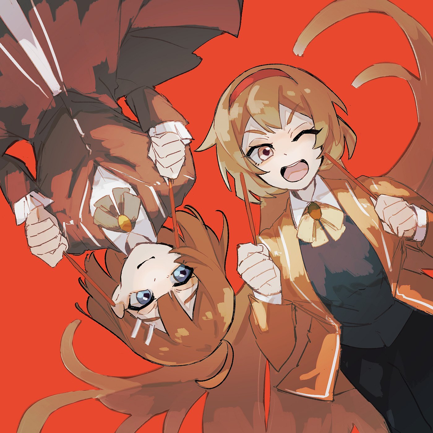 nakame77, hod (project moon), malkuth (project moon), library of ruina, project moon, highres, 2girls, ahoge, black pants, black vest, blue eyes, bow, bowtie, brown bow, brown bowtie, brown coat, brown eyes, brown hair, coat, collared shirt, green bow, green bowtie, hair ornament, hairband, hairclip, long hair, long sleeves, looking at another, looking at viewer, multiple girls, one eye closed, open mouth, pants, red background, red hairband, shirt, simple background, upper body, vest, white shirt