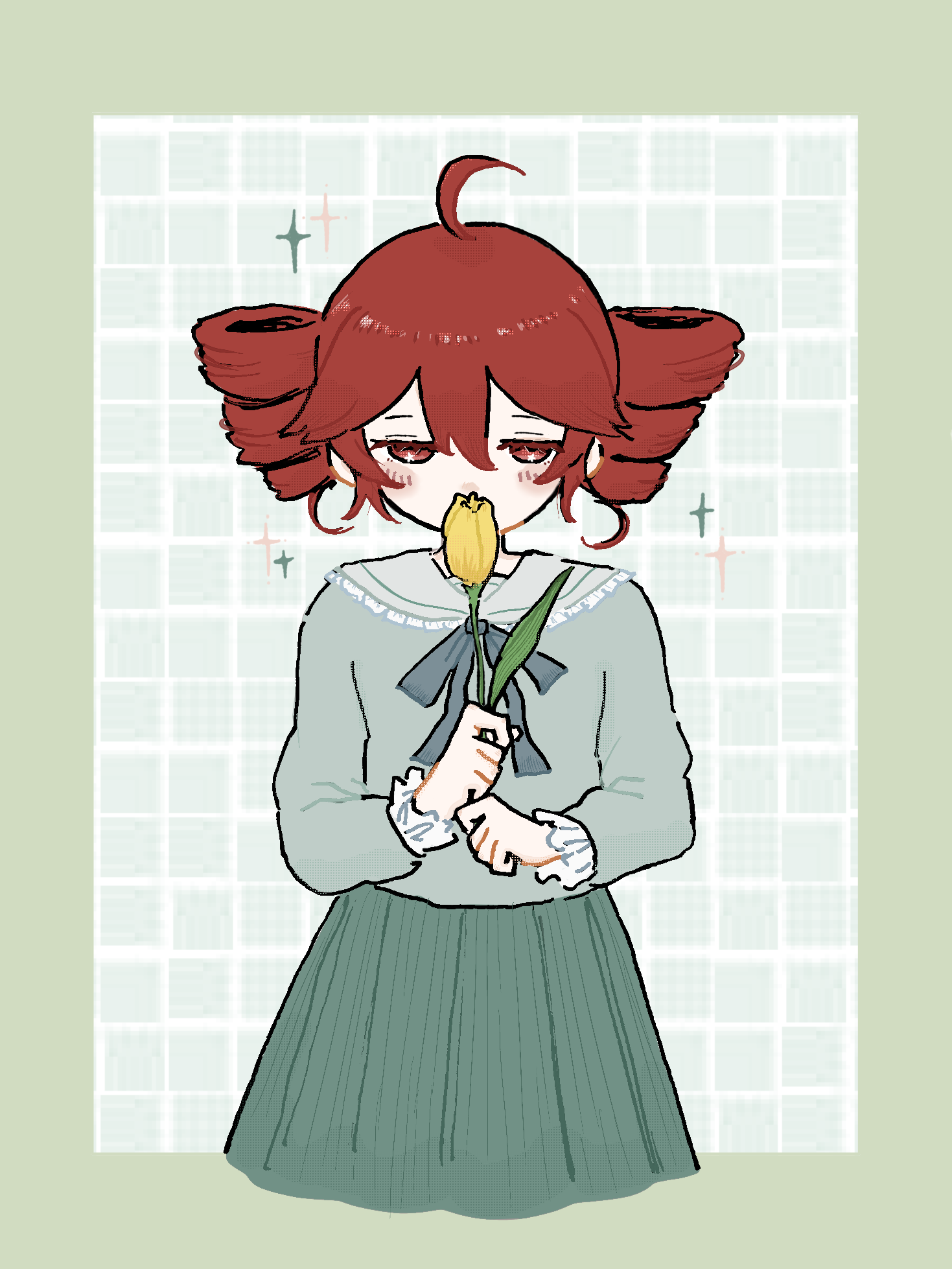 ayuuu65, kasane teto, utau, bad link, highres, 1girl, ahoge, alternate costume, blush stickers, border, covered mouth, cropped legs, drill hair, flower, flower over mouth, frilled shirt collar, frilled sleeves, frills, green background, green border, green skirt, grey shirt, grid background, hair between eyes, half-closed eyes, holding, holding flower, long sleeves, looking at viewer, red eyes, red hair, shirt, skirt, solo, sparkle, straight-on, twin drills, yellow flower
