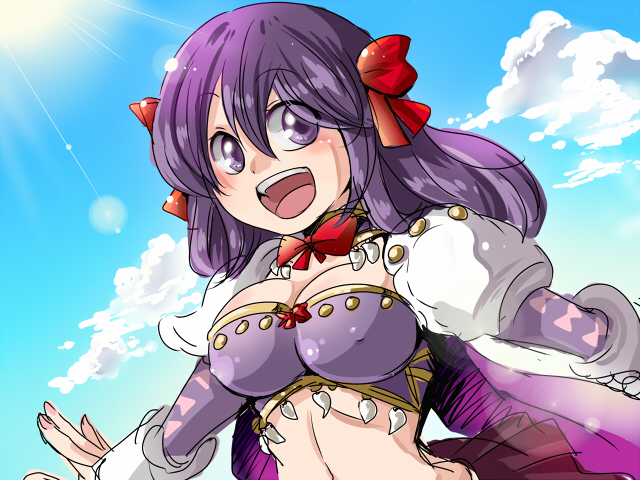 love morocc, genetic (ragnarok online), ragnarok online, commentary request, 1girl, :d, armor, bikini, blue sky, blush, bow, bowtie, cape, cloud, day, hair bow, long hair, looking at viewer, midriff, open mouth, outdoors, pauldrons, purple bikini, purple cape, purple eyes, purple hair, red bow, red bowtie, shoulder armor, sky, smile, solo, swimsuit, teeth, upper body, upper teeth only