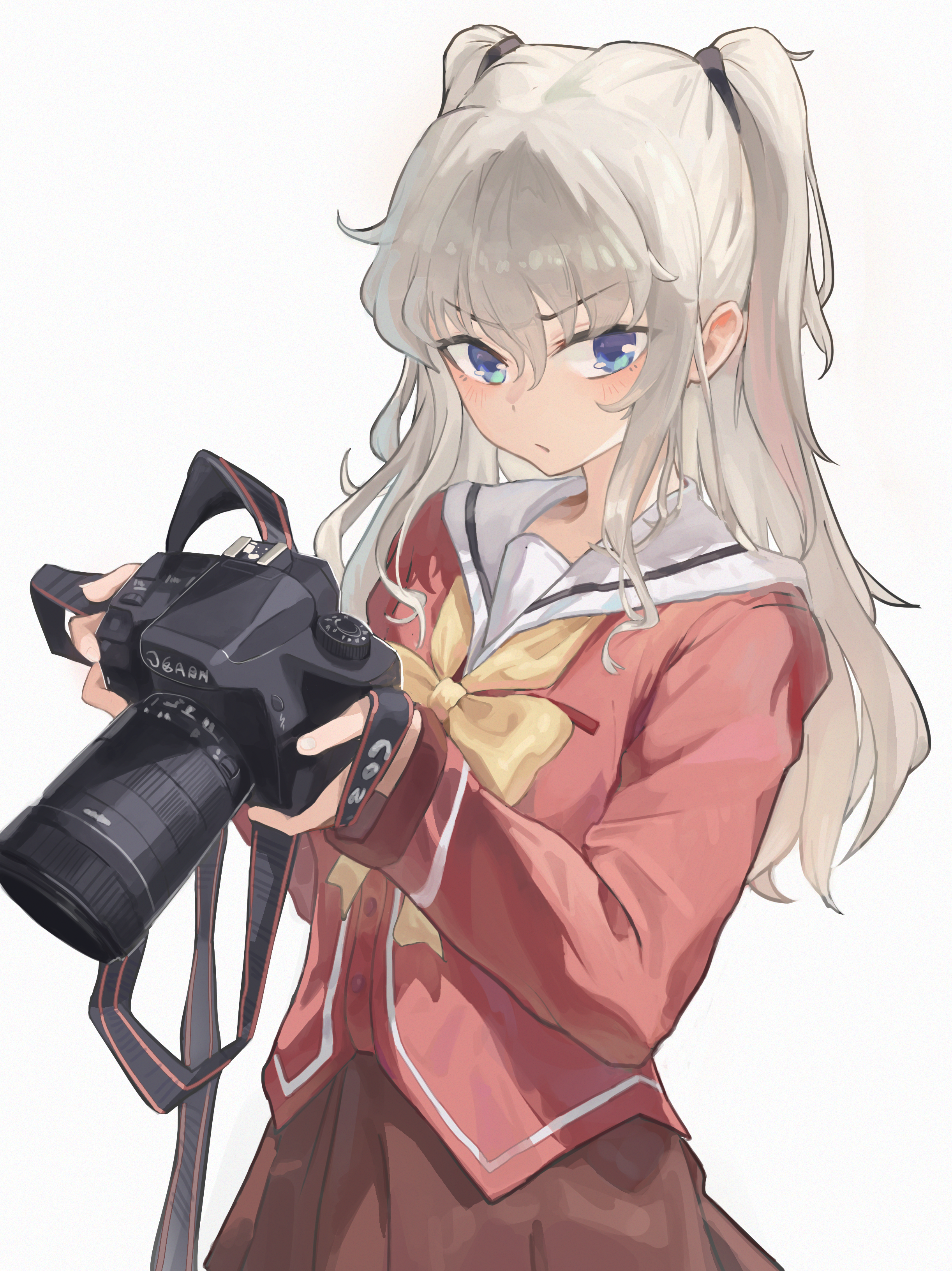 juwei yaodai mao, tomori nao, charlotte (anime), absurdres, chinese commentary, commentary, highres, 1girl, :/, blue eyes, blush, bow, bowtie, brown skirt, camera, closed mouth, cowboy shot, frown, grey hair, hair between eyes, hands up, holding, holding camera, hoshinoumi academy school uniform, long hair, long sleeves, looking at viewer, red shirt, sailor collar, school uniform, serafuku, shirt, sidelocks, simple background, skirt, solo, tsurime, two side up, v-shaped eyebrows, white background, white sailor collar, yellow bow, yellow bowtie