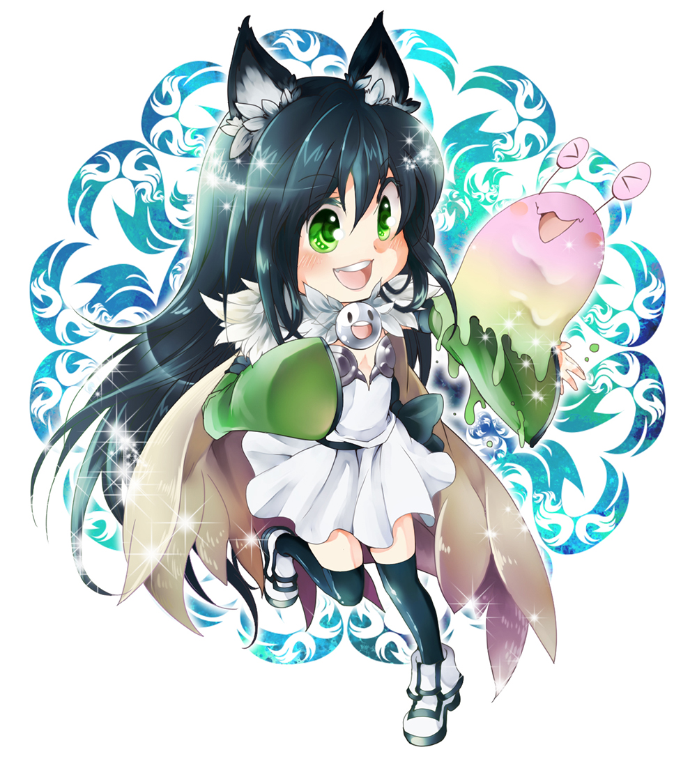 love morocc, alchemist (ragnarok online), vanilmirth (ragnarok online), ragnarok online, commentary request, 1girl, :d, alternate color, animal ears, black hair, black thighhighs, blush, borrowed character, cat ears, cat girl, dress, flat chest, full body, green eyes, green sleeves, long hair, open mouth, shoes, simple background, sleeves past fingers, sleeves past wrists, slime (creature), smile, solo, thighhighs, very long hair, white background, white dress, white shoes