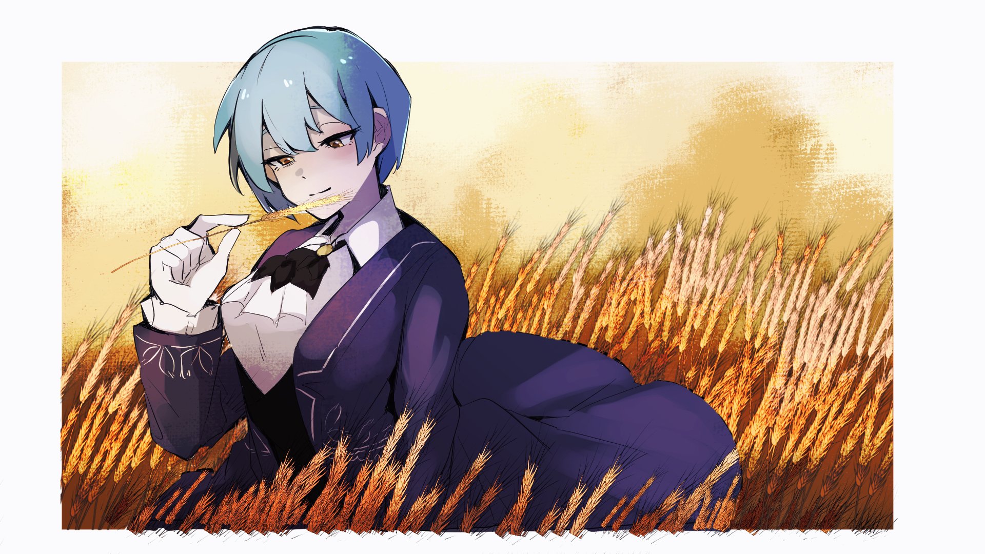 nakame77, angela (project moon), library of ruina, project moon, highres, 1girl, ascot, black vest, blue coat, blue hair, border, closed mouth, coat, collared shirt, gloves, long sleeves, looking at object, shirt, short hair, simple background, solo, standing, upper body, vest, wheat field, white ascot, white border, white gloves, white shirt, yellow eyes