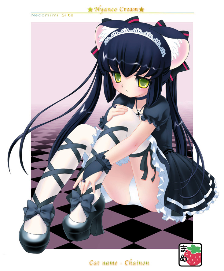 kleine erdbeere, kooh (pangya), pangya, 1girl, animal ears, black hair, blush, bow, cat ears, female focus, footwear ribbon, goth fashion, high heels, loli, long hair, mousegirl, panties, ribbon, shoes, skirt, solo, thighhighs, twintails, underwear, yellow eyes