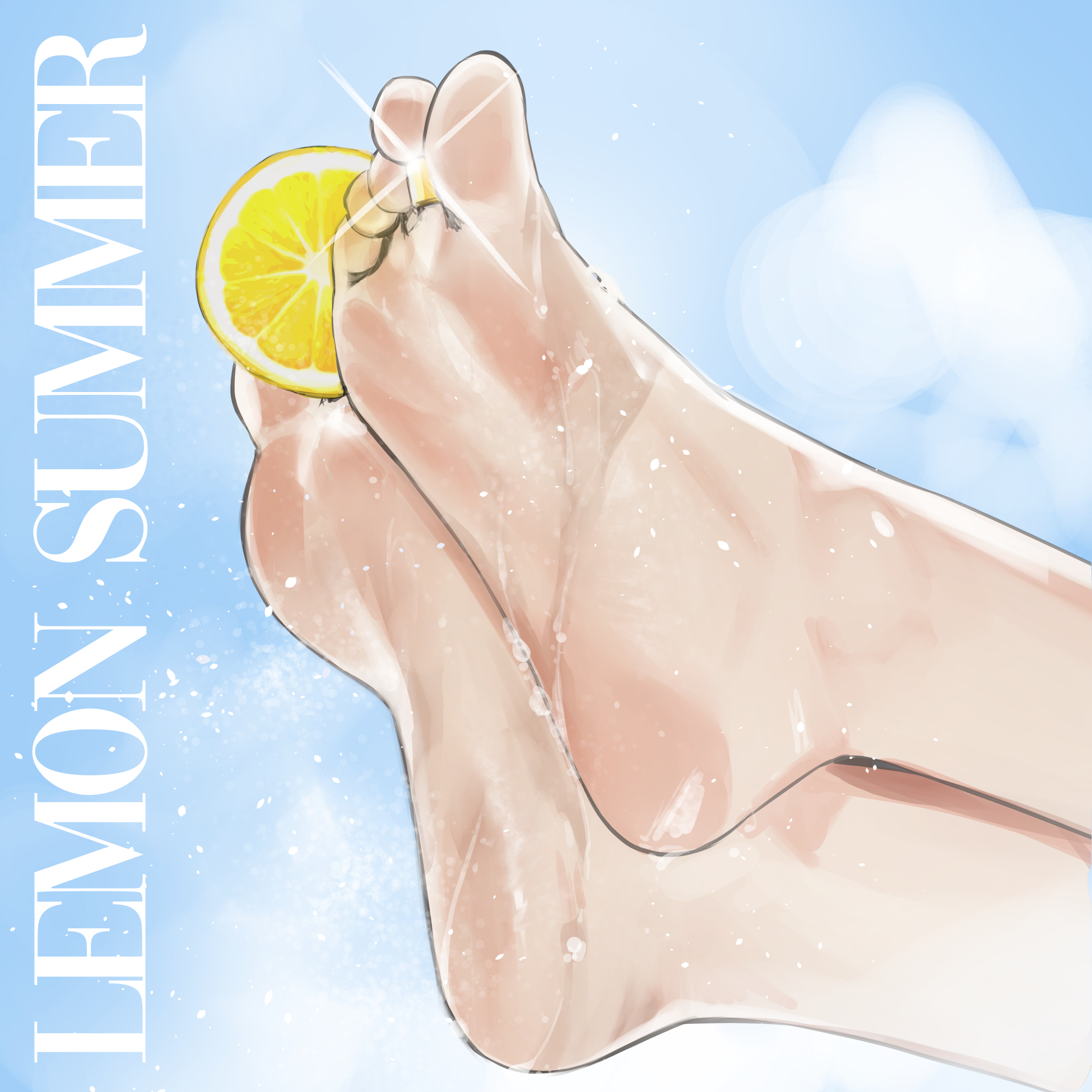 pupi (rain prophet), kaneko lumi, phase connect, commentary, english commentary, highres, 1girl, barefoot, blue sky, close-up, crossed ankles, day, feet, feet only, food, foot focus, fruit, jewelry, lemon, lemon slice, sky, soles, solo, toe ring, toes, virtual youtuber, water