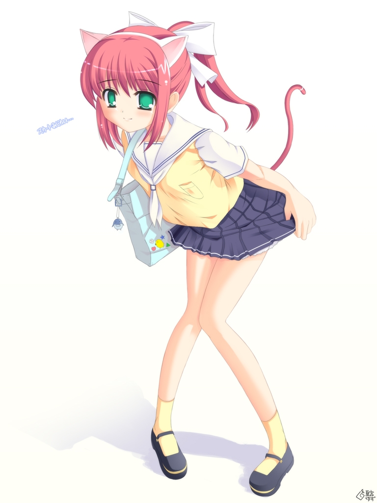 hana, natsumiya yuzu, hana (pangya), pangya, 1girl, animal ears, bag, black shoes, black skirt, blush, bow, cat ears, cat tail, female focus, flat chest, full body, green eyes, hair bow, handbag, knees together feet apart, leaning forward, looking at viewer, pleated skirt, ponytail, red hair, school uniform, serafuku, shoes, short hair, skirt, smile, socks, solo, standing, tail, white background, white bow