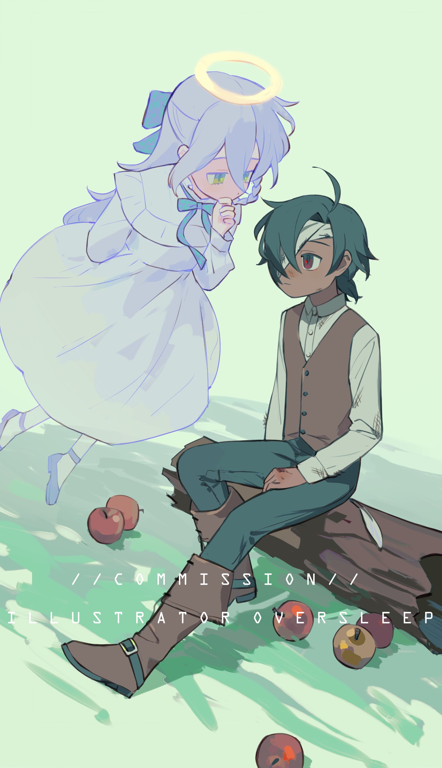 oversleep, original, absurdres, highres, 1boy, 1girl, ahoge, apple, bandage over one eye, bandages, blue bow, blue bowtie, blue hair, blue pants, boots, bow, bowtie, brown boots, brown vest, dark skin, dress, food, fruit, full body, green eyes, hair between eyes, hair bow, halo, long hair, looking at another, pants, red eyes, ribbon, shirt, short hair, sitting, vest, white dress, white hair, white shirt