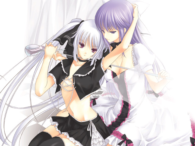 ayase hazuki, arin (pangya), kooh (pangya), pangya, 2girls, breasts, choker, dress, flapper shirt, flat chest, golf club, goth fashion, holding, long hair, midriff, miniskirt, multiple girls, no bra, open clothes, open shirt, purple hair, shirt, sitting, skirt, thighhighs, twintails, white hair, yuri, zettai ryouiki