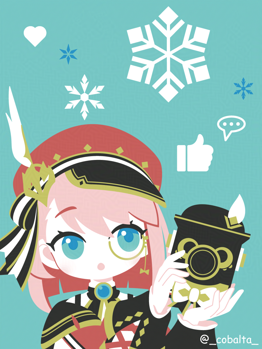 cobalta, charlotte (genshin impact), genshin impact, highres, …, 1girl, blue background, blue eyes, hat, medium hair, monocle, open mouth, pink hair, red hat, semi-rimless eyewear, simple background, solo, speech bubble, spoken ellipsis, twitter username, under-rim eyewear, yellow-framed eyewear