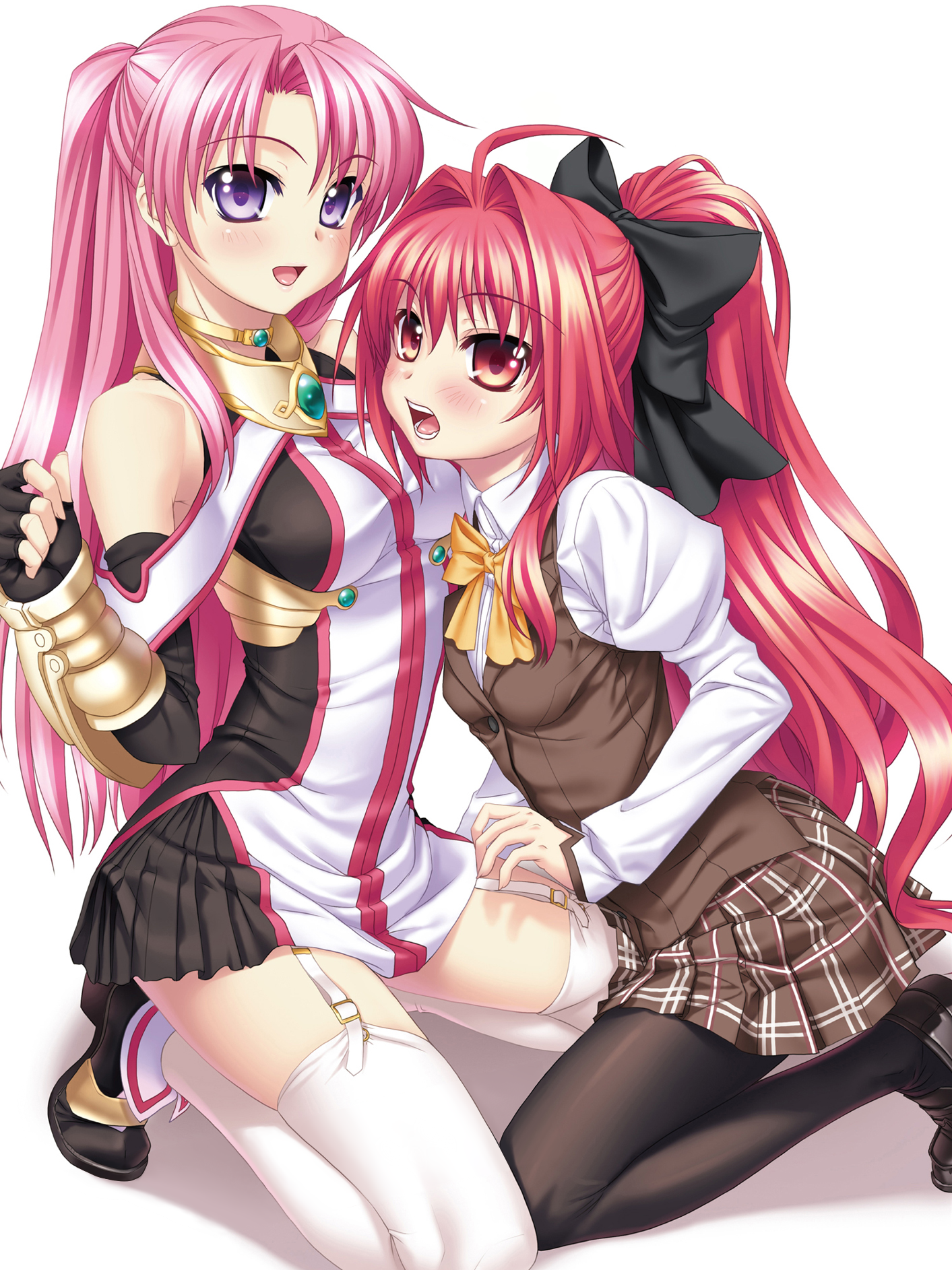 kannatsuki noboru, corticarte apa lagranges, marie grenoble, maou to odore! ii, shinkyoku soukai polyphonica, black legwear, white legwear, highres, official art, scan, 00s, 2girls, :d, :o, ahoge, armor, bare shoulders, between thighs, black gloves, blush, bow, choker, clenched hand, crossover, dress, elbow gloves, fingerless gloves, flat chest, gauntlets, gem, gloves, hair between eyes, hair bow, hair intakes, high heels, jewelry, kneeling, leaning forward, loafers, long hair, looking at viewer, looking back, miniskirt, multiple girls, necklace, open mouth, pantyhose, parted bangs, pink hair, plaid clothes, plaid skirt, pleated dress, pleated skirt, ponytail, profile, purple eyes, red eyes, red hair, school uniform, serafuku, shadow, shirt, shoes, short dress, sidelocks, simple background, skirt, smile, straddling, thighhighs, thighs, tiptoes, very long hair, vest, wavy hair, white background, zettai ryouiki
