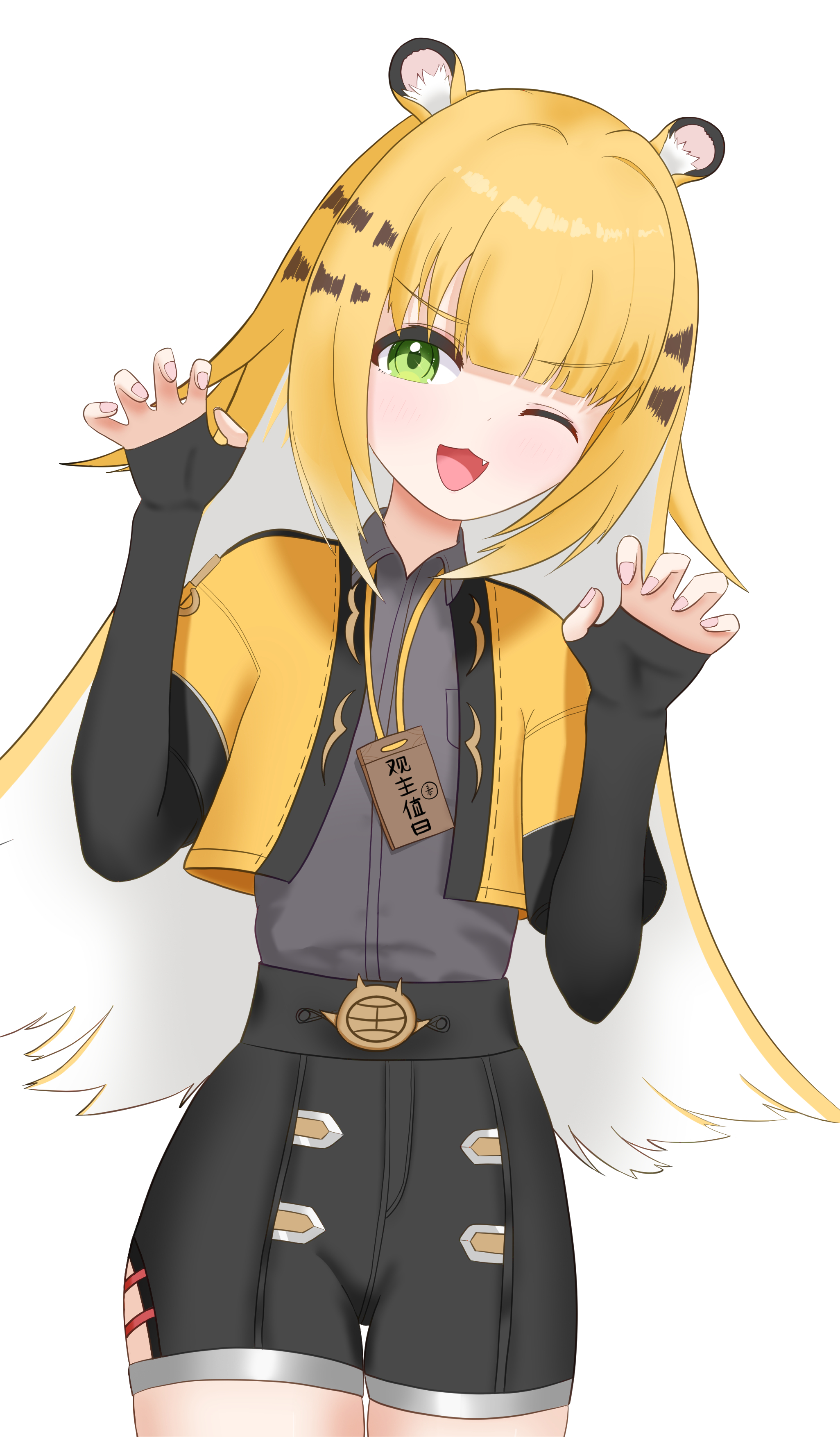 ju fufu, zenless zone zero, absurdres, highres, 1girl, animal ear fluff, animal ears, blonde hair, bow, colored inner hair, fingerless gloves, gloves, green eyes, long hair, looking at viewer, multicolored hair, open mouth, shirt, shorts, smile, solo, tail, tail bow, tail ornament, thigh strap, tiger ears, tiger girl, tiger tail, white hair, wl01309339