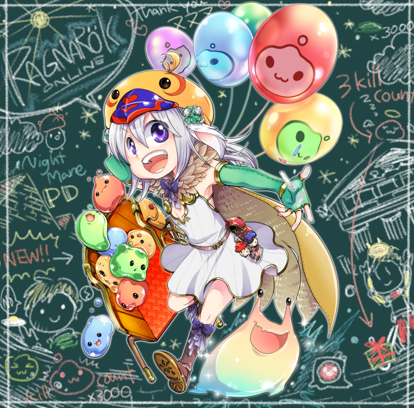 love morocc, alchemist (ragnarok online), drops (ragnarok online), marin (ragnarok online), peco peco, poporing, poring, spore (ragnarok online), ragnarok online, commentary request, 1girl, :d, alternate color, balloon, bird hat, boots, brown boots, brown cape, cape, chalkboard, charm (object), dress, elbow gloves, fingerless gloves, flat chest, flower, full body, fur collar, gloves, green gloves, hair flower, hair ornament, long hair, looking at viewer, open mouth, purple eyes, slime (creature), smile, solo, strapless, strapless dress, white dress, white flower, white hair