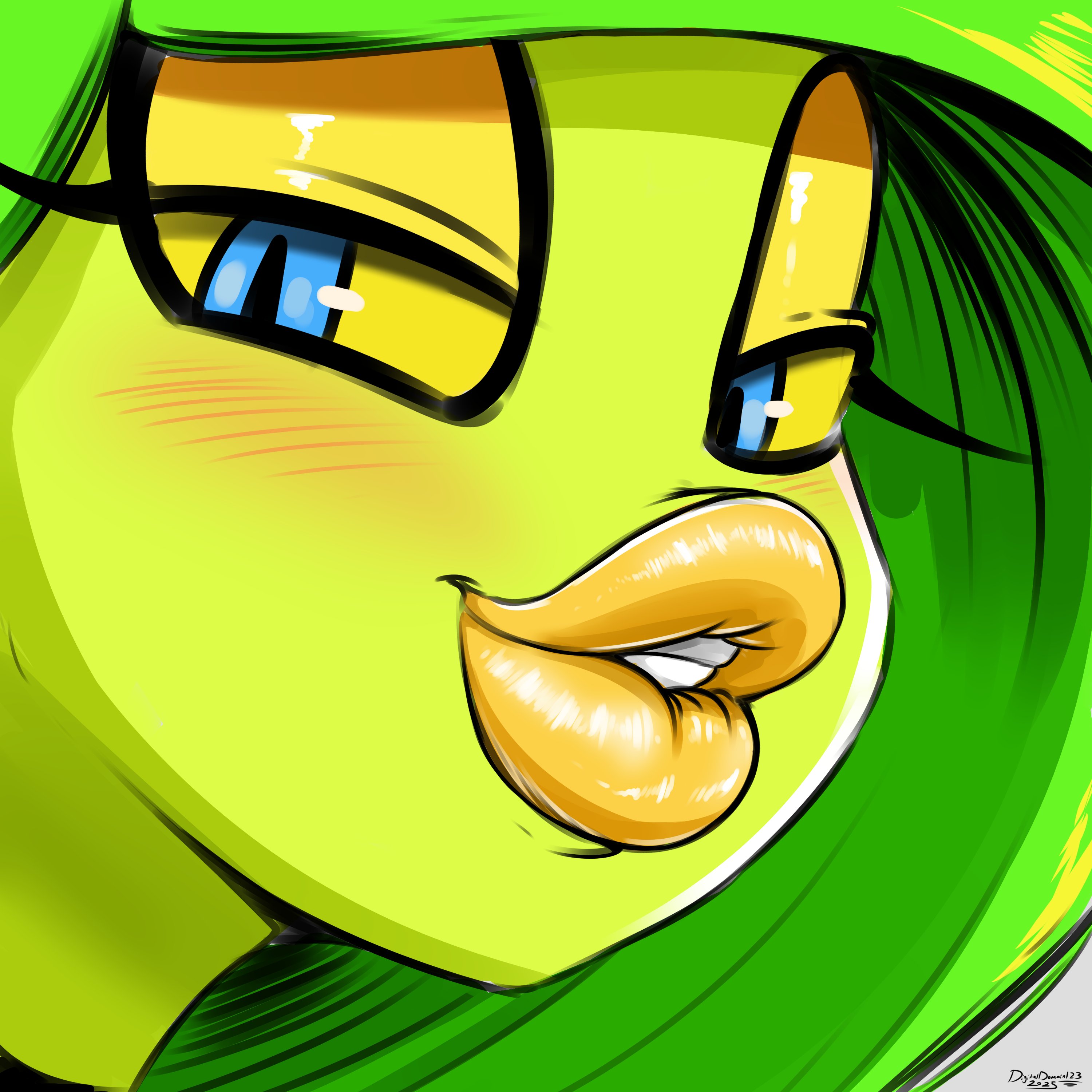 digitaldomain123, zeena, sega, sonic (series), sonic lost world, absurdres, commentary, english commentary, highres, 1girl, 2025, blue eyes, blush, collarbone, colored sclera, colored skin, eyeshadow, female focus, green hair, green skin, grin, half-closed eyes, long eyelashes, long hair, looking at viewer, makeup, monster girl, naughty face, oni, puckered lips, simple background, smile, solo, thick lips, very long hair, white background, yellow eyeshadow, yellow lips, yellow sclera