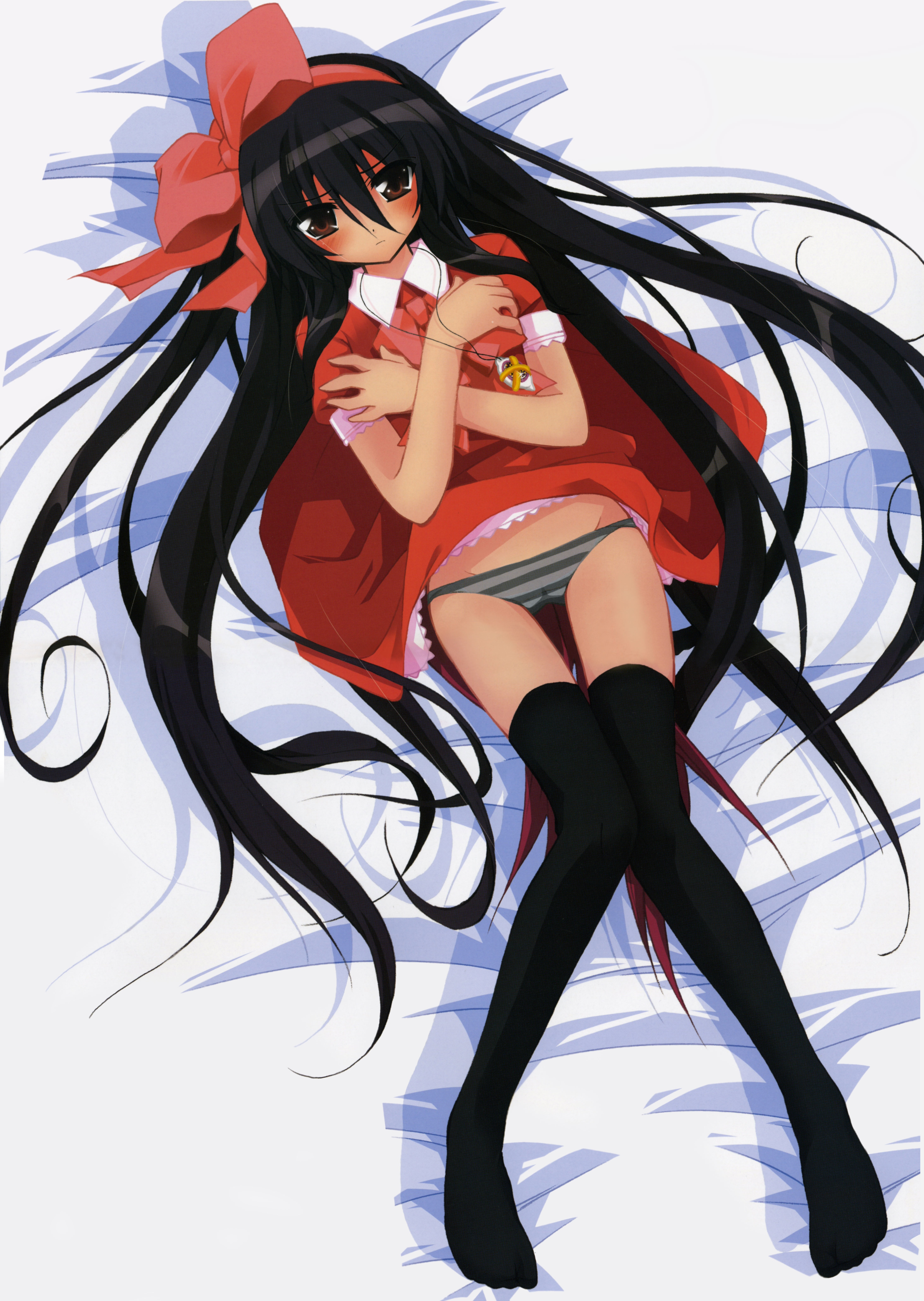 shana, shakugan no shana, absurdres, highres, scan, 00s, black hair, blush, bow, clothes lift, flat chest, loli, long hair, panties, skirt, skirt lift, thighhighs, underwear