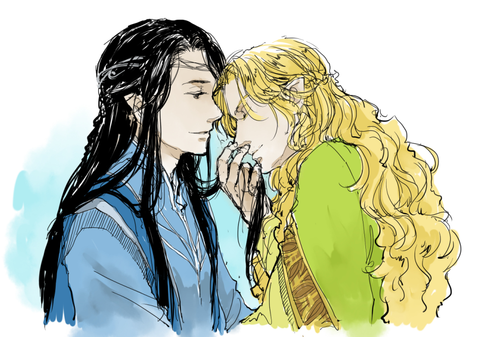 pixiv id 9475840, ecthelion, glorfindel, the silmarillion, tolkien's legendarium, 2boys, black hair, blonde hair, circlet, closed eyes, closed mouth, elf, grabbing another's hair, holding another's hair, jewelry, long hair, looking at another, male focus, multiple boys, pointy ears, smelling, smelling hair, upper body, yaoi