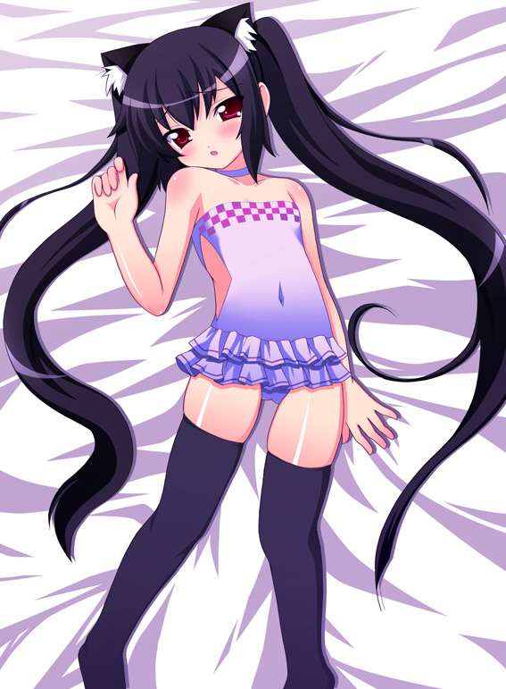 chirorian, kooh (pangya), pangya, animal ears, black hair, blush, cat ears, flat chest, long hair, red eyes, solo, swimsuit, thighhighs, twintails
