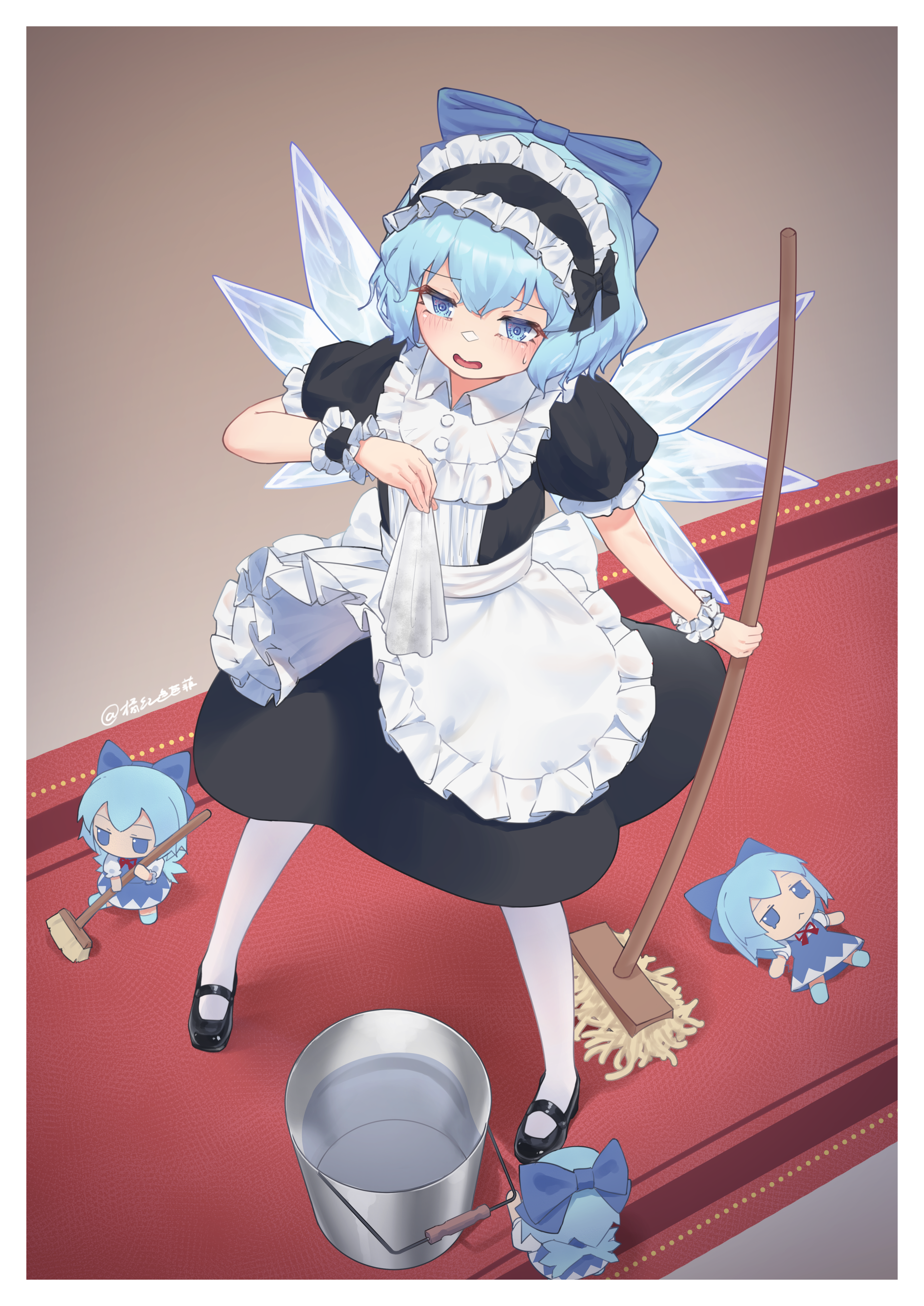 littiecy, cirno, touhou, absurdres, commentary request, highres, 1girl, apron, back bow, black dress, black hairband, black shoes, blue bow, blue eyes, blue hair, blush, border, bow, broom, brown background, bucket, bucket of water, character doll, cleaning rag, collar, doll, dress, exhausted, frilled collar, frilled hairband, frilled wrist cuffs, frills, from above, fumo (doll), hair bow, hairband, holding, holding broom, holding mop, ice, ice wings, maid, maid apron, mary janes, mop, open mouth, pantyhose, puffy short sleeves, puffy sleeves, red carpet, shoes, short hair, short sleeves, solo, sweatdrop, white apron, white border, white bow, white pantyhose, wings, wrist cuffs