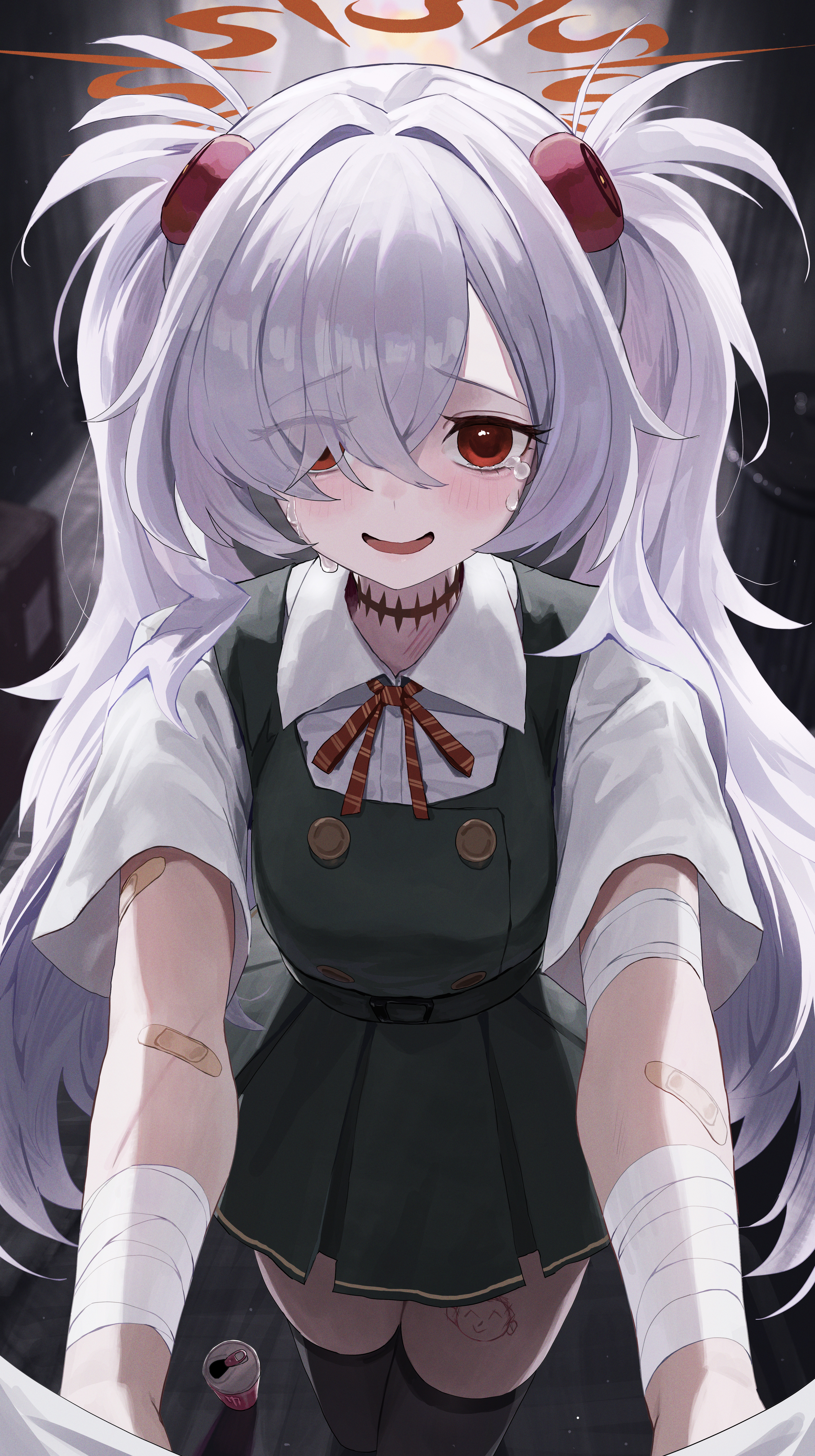 re naya, kanoe (blue archive), blue archive, absurdres, highres, 1girl, bandaged arm, bandages, bandaid, bandaid on arm, black thighhighs, blush, brown halo, can, crying, crying with eyes open, dress, drink can, eyes visible through hair, from side, green dress, grey hair, hair over one eye, halo, long hair, looking at viewer, open mouth, pov, red eyes, shirt, short sleeves, solo, tears, thighhighs, two side up, white shirt
