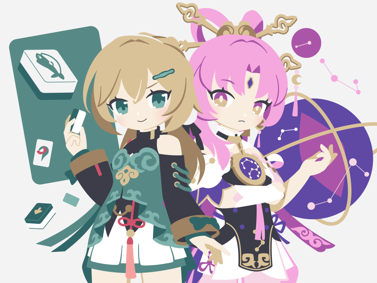 cobalta, fu xuan (honkai: star rail), qingque (honkai: star rail), honkai: star rail, honkai (series), 2girls, brown eyes, brown hair, closed mouth, detached sleeves, green eyes, hair ornament, hairclip, long hair, long sleeves, low twintails, multicolored eyes, multiple girls, pink hair, purple eyes, smile, twintails