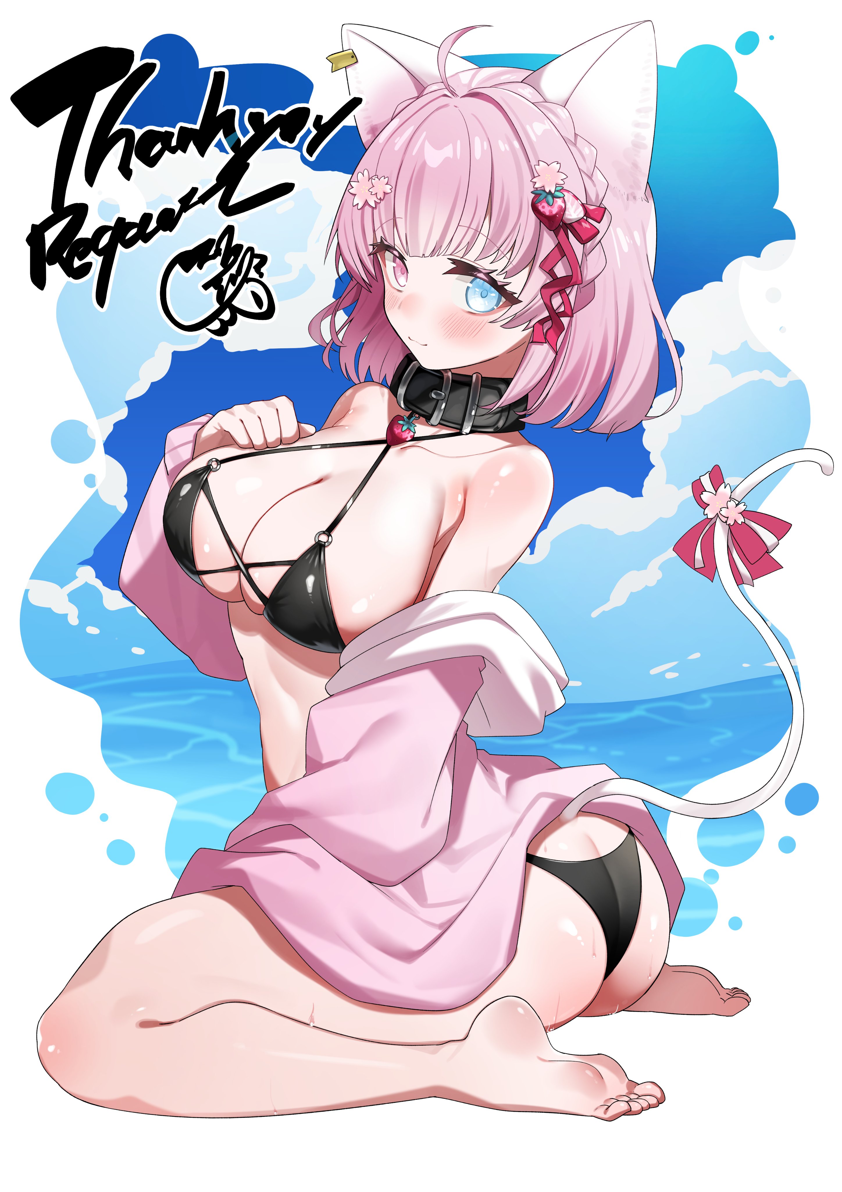 sui hi sf, indie virtual youtuber, absurdres, commission, highres, skeb commission, 1girl, ahoge, aineko hiyori, animal ears, ass, barefoot, belt collar, bikini, black bikini, black collar, blue eyes, blush, bow, braid, breasts, closed mouth, collar, flower, food-themed hair ornament, hair flower, hair ornament, hair ribbon, heterochromia, pink bow, pink eyes, pink hair, pink ribbon, ribbon, solo, strawberry hair ornament, swimsuit, tail, tail bow, tail ornament, thank you, virtual youtuber, wet