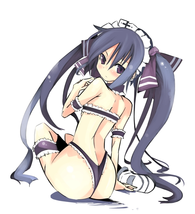kanikama, kooh (pangya), pangya, 1girl, ass, black bra, black panties, blush, bow, bra, female focus, frilled thigh strap, goth fashion, hair bow, headdress, lace, lingerie, long hair, looking back, maid headdress, panties, purple eyes, sitting, solo, thigh strap, thong, twintails, underwear, underwear only