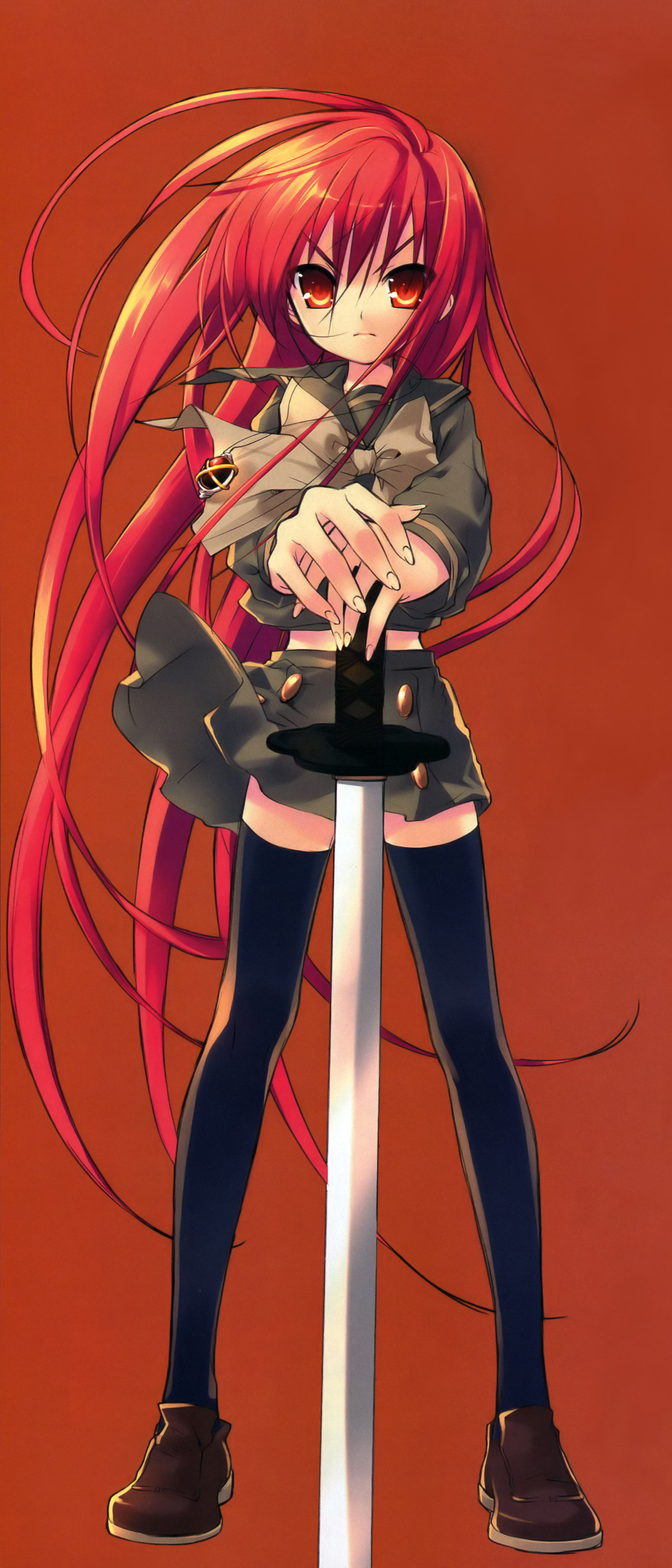 ito noizi, shana, shakugan no shana, absurdres, highres, scan, 00s, bow, long hair, midriff, red eyes, red hair, school uniform, serafuku, skirt, sword, thighhighs, weapon