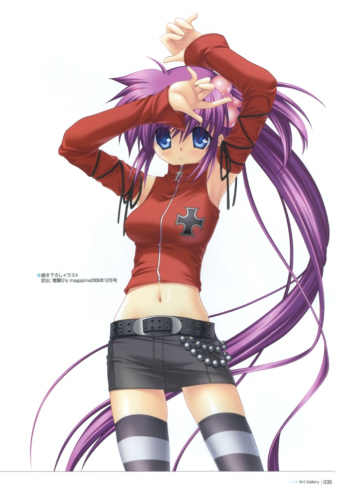 striped legwear, blush, elbow gloves, gloves, long hair, midriff, skirt, thighhighs