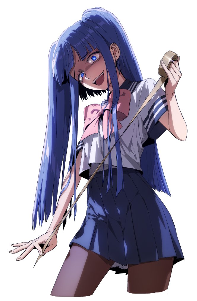 ganno, furudo erika, umineko no naku koro ni, 1girl, alternate costume, black pantyhose, blue eyes, blue hair, blue sailor collar, blue skirt, bow, bowtie, crazy eyes, crazy smile, cropped legs, long hair, looking at viewer, miniskirt, pantyhose, pink bow, pink bowtie, pleated skirt, sailor collar, school uniform, serafuku, shaded face, shirt, short sleeves, simple background, skirt, smile, solo, tape, teeth, twintails, undershirt, upper teeth only, white background, white shirt