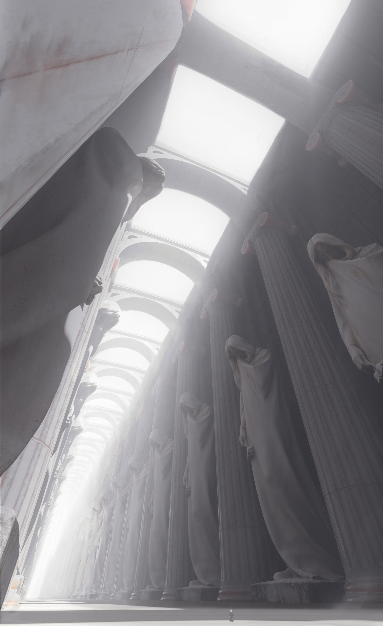 kinoko no sato, original, absurdres, commentary, highres, 1other, ambiguous gender, architecture, column, day, greyscale, monochrome, pillar, scenery, shadow, statue, sunlight, very wide shot