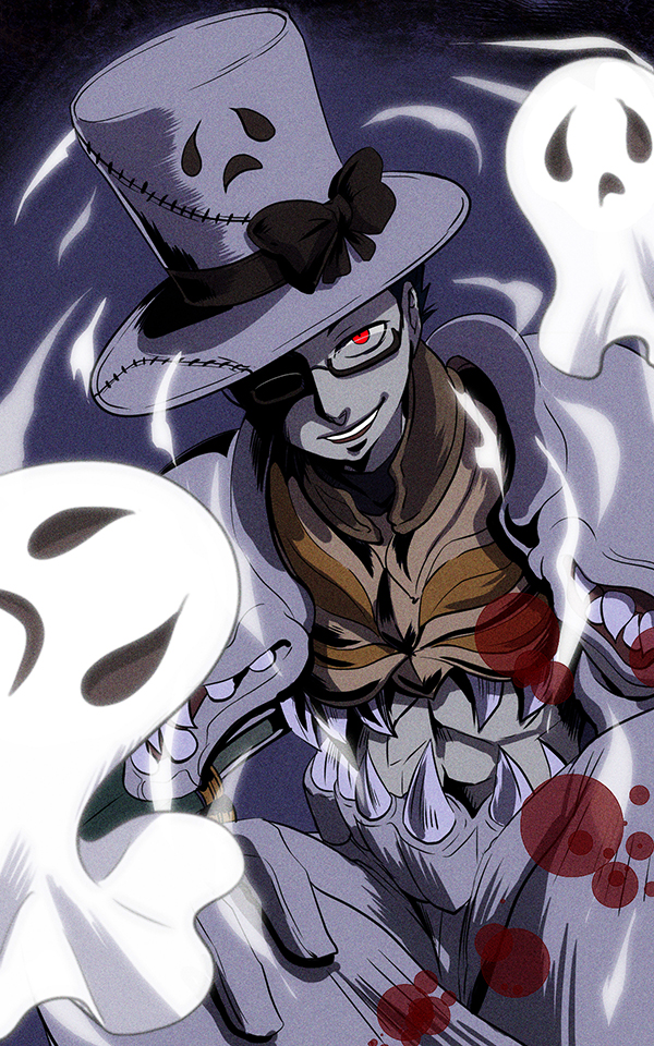 love morocc, genetic (ragnarok online), whisper (ragnarok online), ragnarok online, commentary request, 1boy, armor, aura, black-framed eyewear, black bow, blood, bow, breastplate, feet out of frame, ghost, glasses, grey background, hat, hat bow, leaning forward, looking at viewer, male focus, midriff, open mouth, pants, pauldrons, red eyes, sheet ghost, short hair, shoulder armor, sitting, smile, solo, top hat, white hat, white pants