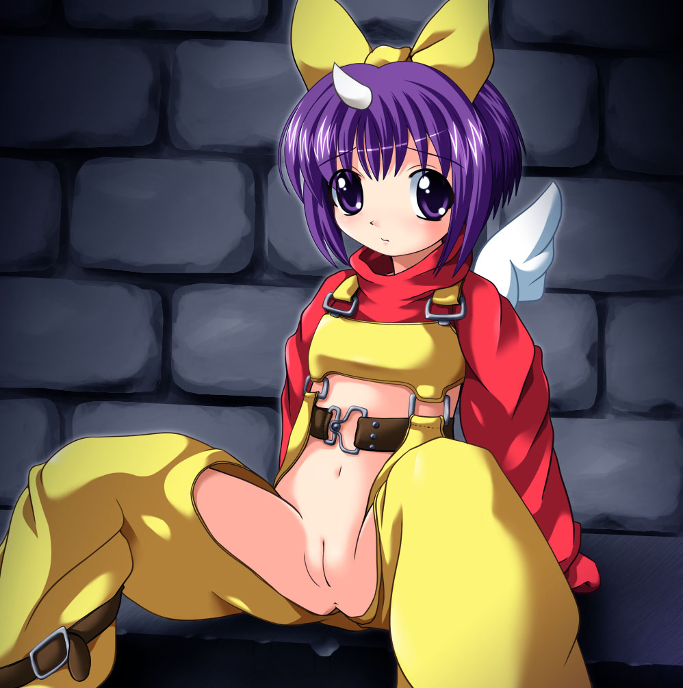 sana (kerarino), eiko carol, final fantasy, final fantasy ix, 00s, 1girl, belt, blush, bow, cleft of venus, female focus, flat chest, hair bow, horns, loli, no panties, purple eyes, purple hair, pussy, short hair, single horn, sitting, solo, spread legs, uncensored, wings, yellow bow