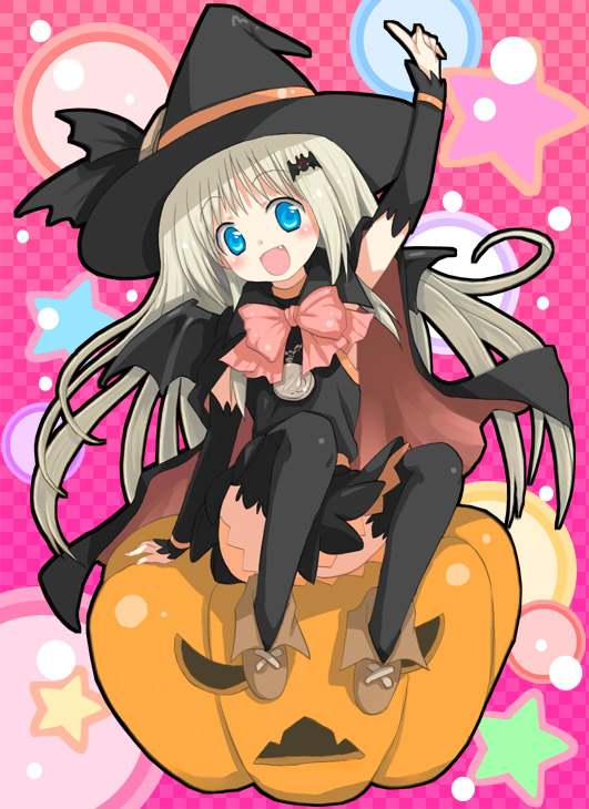 hinata nonoka, nonoka, noumi kudryavka, little busters!, silver hair, 1girl, arm warmers, bat wings, blue eyes, blush, bow, cape, fang, female focus, flat chest, halloween, hat, jack-o'-lantern, long hair, pink bow, pumpkin, skirt, solo, thighhighs, wings, witch, witch hat
