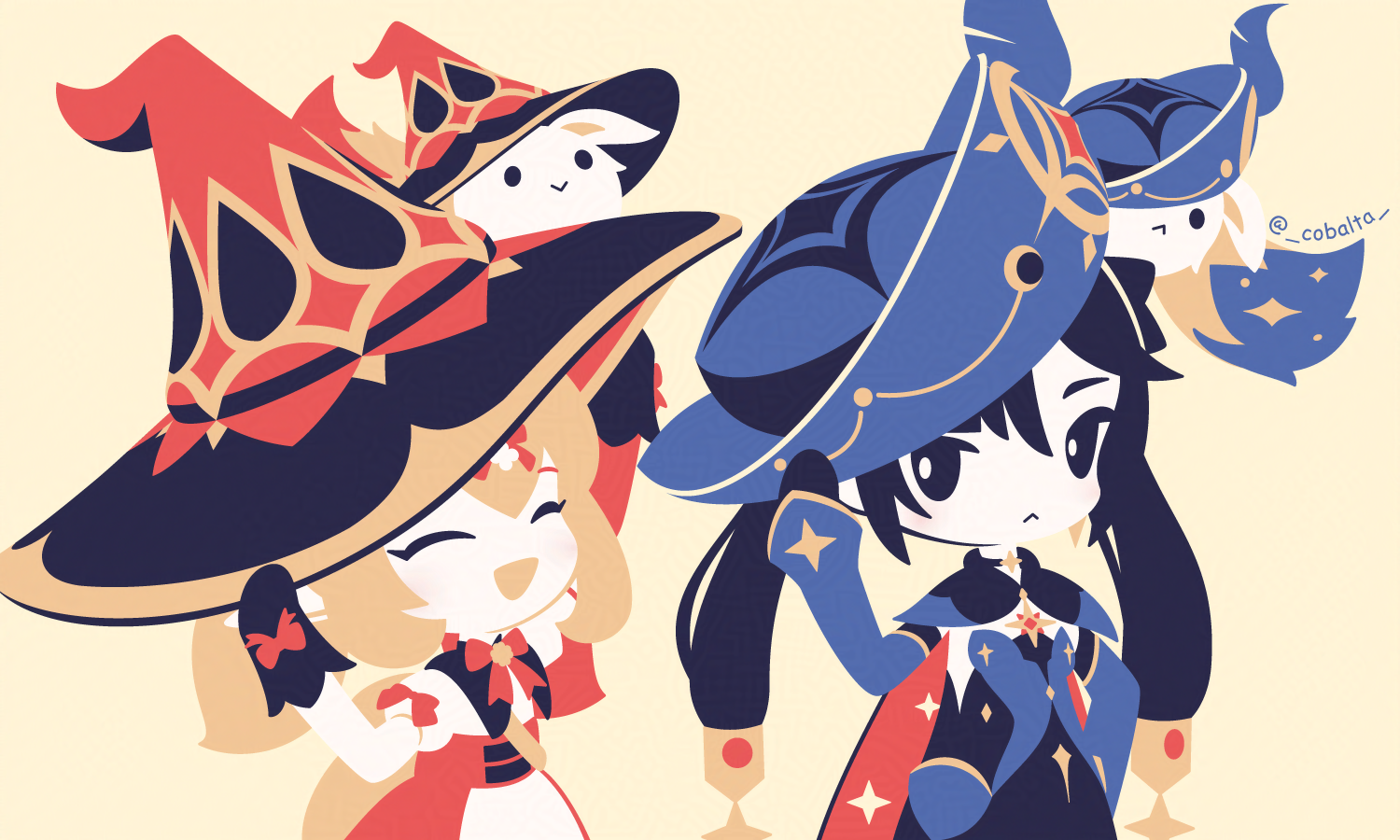 cobalta, klee (genshin impact), mona (genshin impact), genshin impact, 2girls, :<, black eyes, black hair, blonde hair, blue hat, closed eyes, closed mouth, detached sleeves, hat, long sleeves, looking at another, multiple girls, open mouth, red hat, short hair, smile, twitter username, witch hat