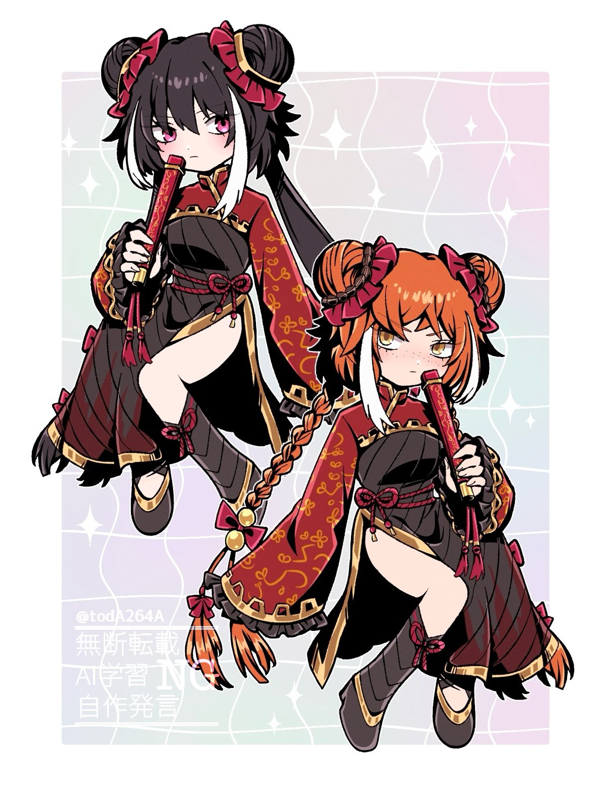 rug (yurari606), ishmael (project moon), jia xichun (project moon), limbus company, project moon, highres, 2girls, black dress, black hair, black shoes, border, braid, chibi, chinese clothes, double bun, dress, family hierarch candidate (identity) (project moon), freckles, full body, grey background, hair bun, hand fan, long hair, long sleeves, looking at viewer, multicolored hair, multiple girls, orange hair, parody, pink eyes, red shrug, rope belt, shoes, simple background, sitting, streaked hair, style parody, twin braids, twintails, white border, yellow eyes
