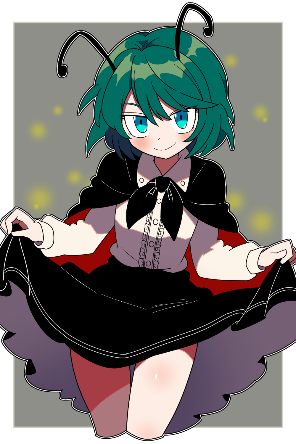 bollzzalguy, wriggle nightbug, touhou, commentary request, highres, 1girl, antennae, black cape, black skirt, blue eyes, border, cape, center frills, closed mouth, collared shirt, cowboy shot, cropped legs, curtsey, fireflies, frills, green hair, grey background, long sleeves, looking at viewer, outside border, red cape, shirt, short hair, skirt, smile, solo, two-sided cape, two-sided fabric, white border, white shirt