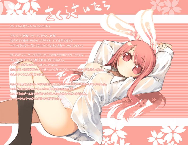 kashiwamochi yomogi, animal ears, blush, breasts, dog ears, long hair, open clothes, open shirt, panties, see-through clothes, shirt, socks, underwear