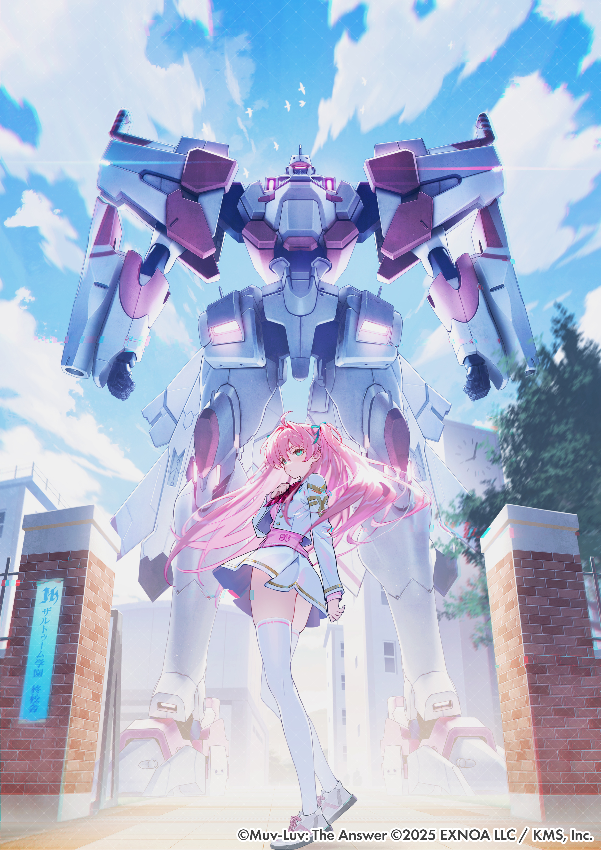 siino, absurdres, highres, official art, 1girl, bird, blue sky, cloud, green eyes, hand on own chest, long hair, long sleeves, looking back, mecha, momozono meru, muv-luv girls garden, pink hair, pleated skirt, robot, school gateway, school uniform, shoes, skindentation, skirt, sky, thighhighs, twintails