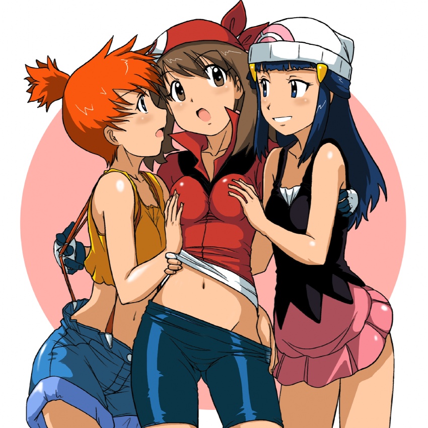 kakkii, haruka (pokemon), hikari (pokemon), kasumi (pokemon), pokemon, 3girls, breasts, grabbing another's breast, multiple girls, spandex, yuri