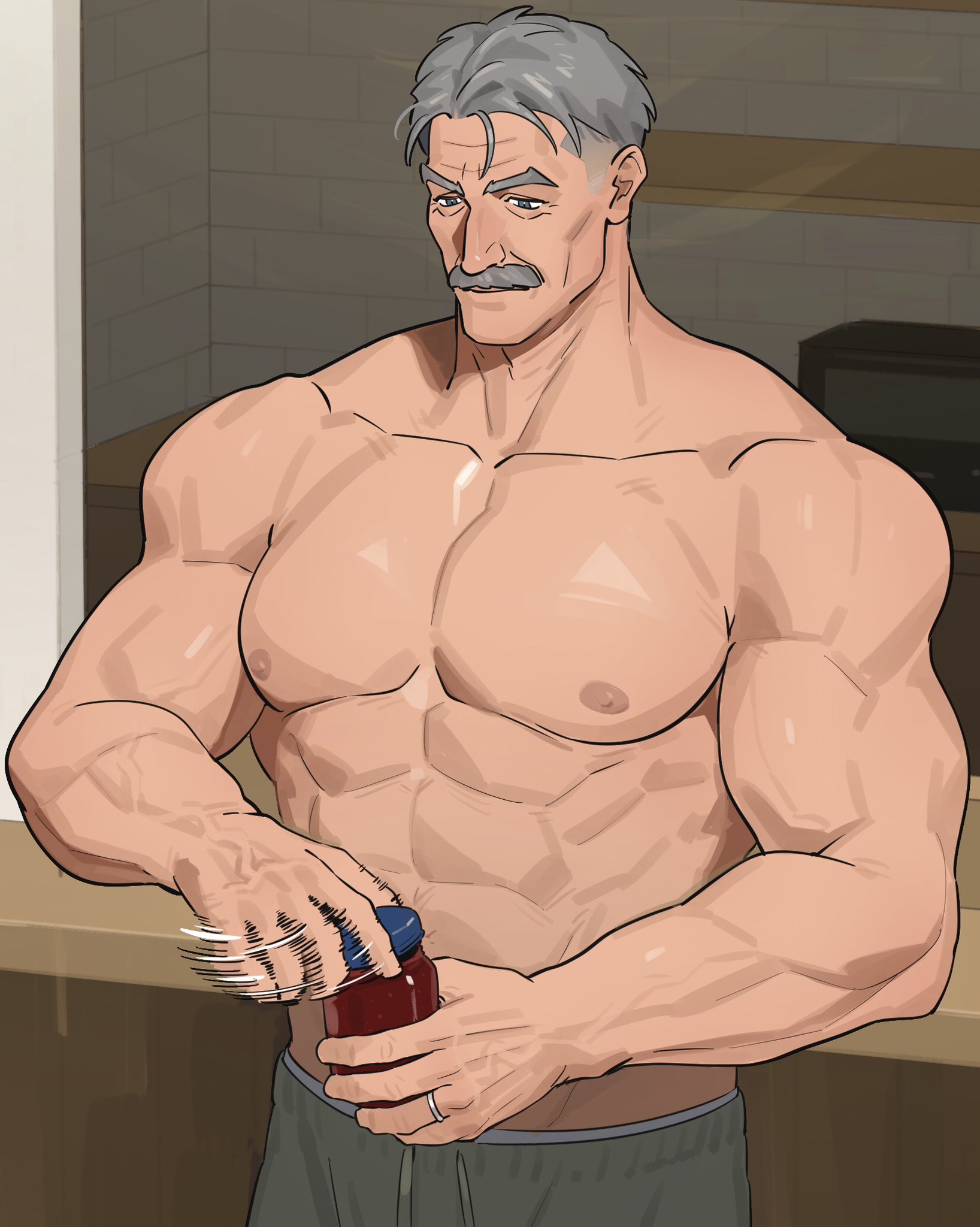 sa1k0p, original, commentary, highres, symbol-only commentary, 1boy, abs, bara, broad shoulders, collarbone, counter, facial hair, grey hair, grey pants, looking down, male focus, mature male, microwave, motion blur, muscular, muscular male, mustache, nipples, old, old man, opening can, pants, parted hair, pectorals, short hair, solo, sweatpants, topless male, veins, veiny arms, veiny hands