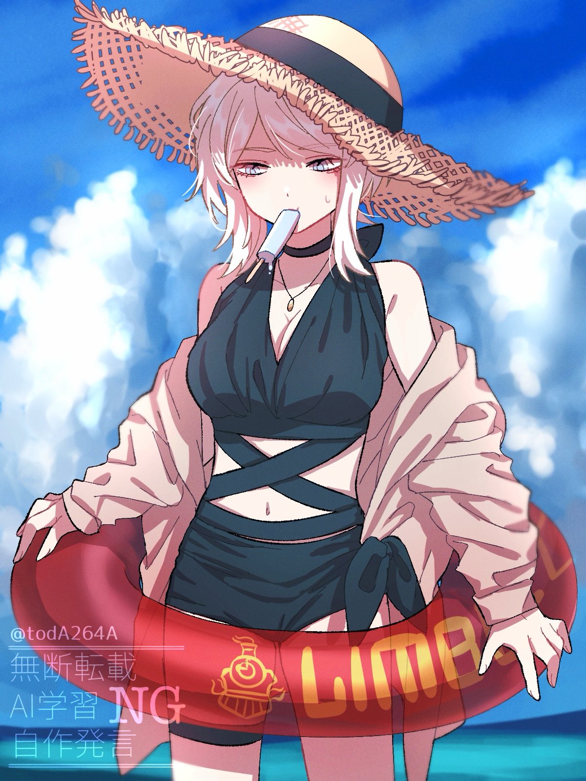 rug (yurari606), faust (project moon), limbus company, project moon, highres, 1girl, bikini, black bikini, black bow, blue eyes, blue sky, bow, breasts, closed mouth, cloud, cloudy sky, food, food in mouth, jacket, looking at viewer, outdoors, pool float, popsicle, popsicle in mouth, short hair, simple background, sky, solo, standing, swimsuit, upper body, white hair, white jacket