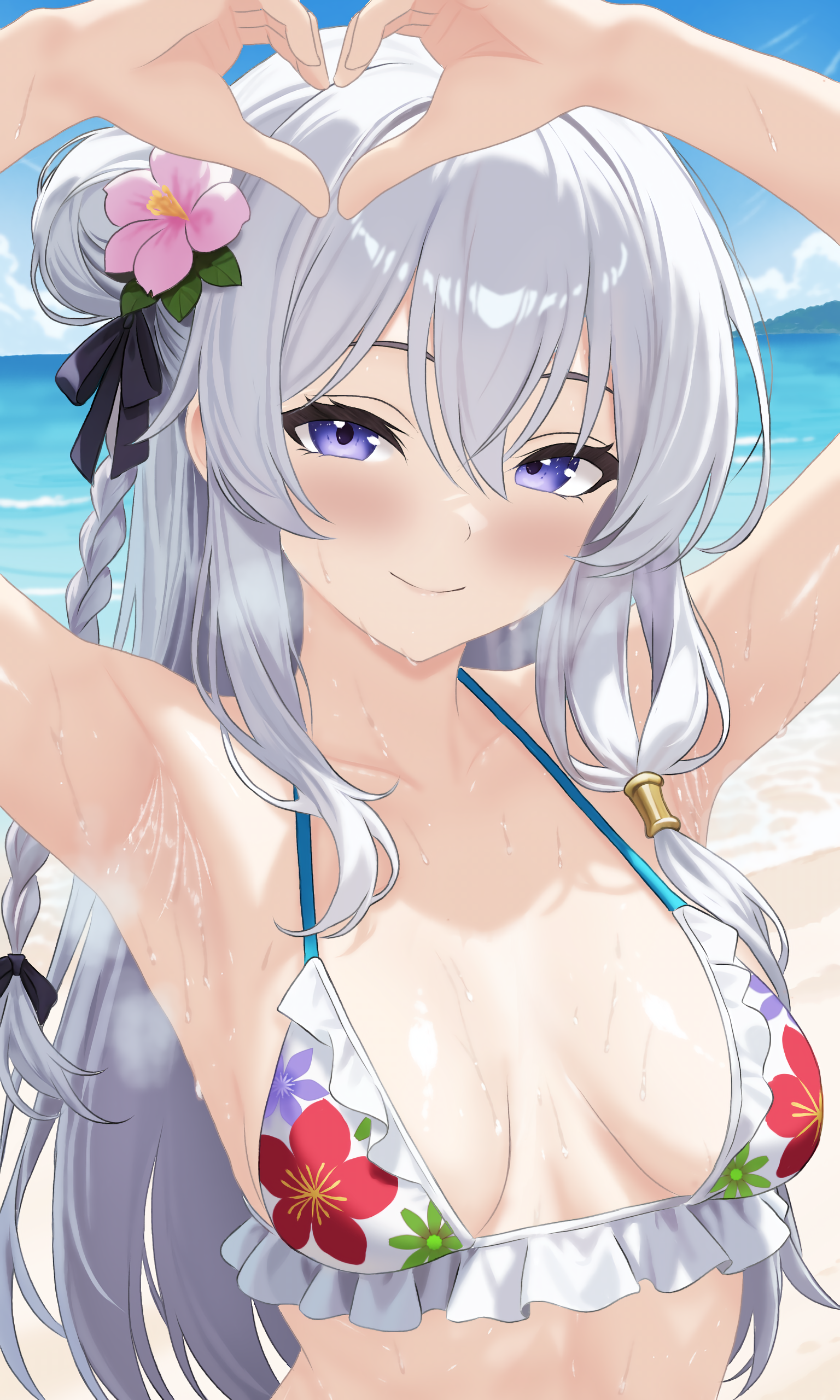 lewd chan, elaina (majo no tabitabi), majo no tabitabi, absurdres, commentary, english commentary, highres, variant set, 1girl, armpits, arms up, beach, bikini, blush, braid, breasts, breasts apart, choppy bangs, closed mouth, collarbone, crossed bangs, day, floral print bikini, frilled bikini, frills, grey hair, hair between eyes, hair bun, heart, heart hands, long bangs, long hair, looking at viewer, medium breasts, outdoors, purple eyes, solo, steam, steaming body, string bikini, sweat, swimsuit, upper body, white bikini