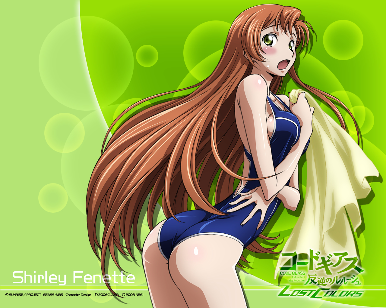 shirley fenette, code geass, 00s, ass, blush, breasts, long hair, swimsuit