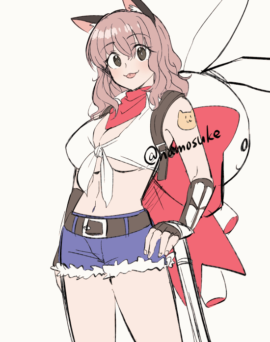 namosuke (oetwmkekmz), blacksmith (ragnarok online), ragnarok online, commentary request, 1girl, :3, animal ears, bandana, belt, blue shorts, blush, breasts, brown belt, brown gloves, brown hair, cat ears, cat girl, cat tattoo, cleavage, closed mouth, cowboy shot, crop top, fingerless gloves, gloves, large breasts, looking at viewer, medium hair, midriff, navel, red bandana, shirt, short shorts, shorts, shoulder tattoo, simple background, sleeveless, sleeveless shirt, smile, solo, stuffed animal, stuffed rabbit, stuffed toy, tattoo, tied shirt, tongue, tongue out, twitter username, underboob, white background, white shirt