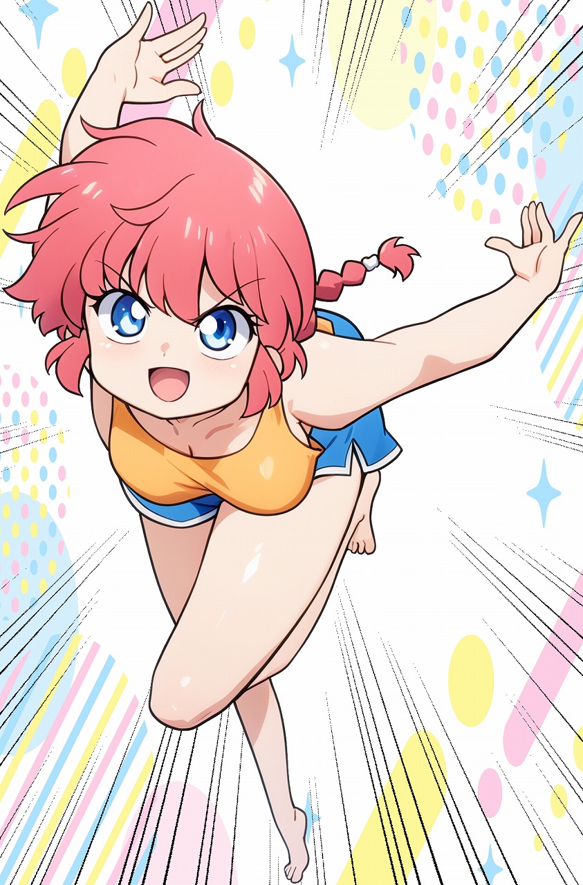 odochi (1or8), ranma-chan, ranma 1/2, commentary request, highres, 1girl, bare shoulders, barefoot, blue eyes, braid, braided ponytail, breasts, full body, motion lines, open mouth, perspective, pink hair, short hair, shorts, single braid, smile, solo, speed lines, tank top, toes